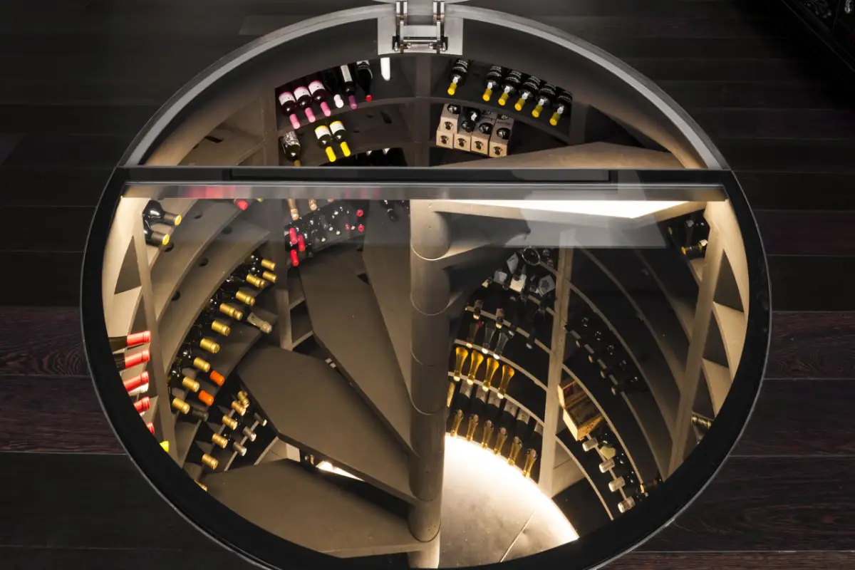 Cave à vin hélicoïdale avec trappe vitrée dans un séjour