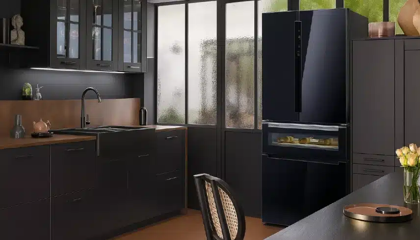 Un combiné frigo cave à vin dans une cuisine noire
