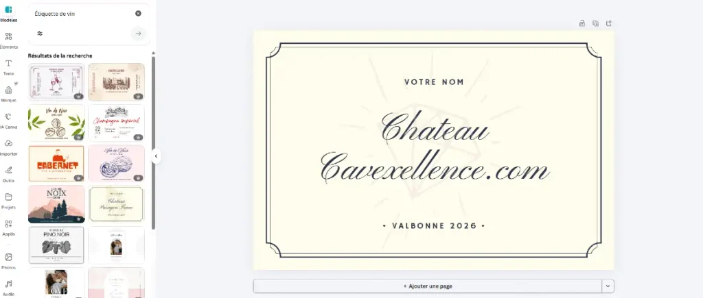 Exemple de modèle Canva pour étiquette de bouteille de vin